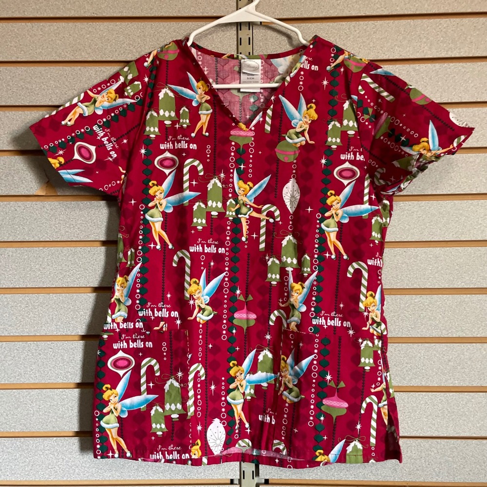 Disney‎ Tinker Bell Christmas Scrub Top Red Holiday V-Neck Cotton Small S/CH